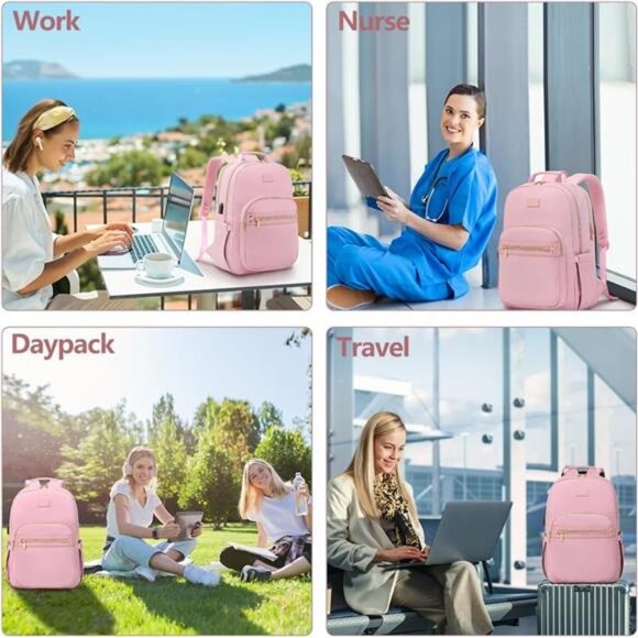 Pink Laptop Backpack Women Bookbag - 15.6 inch Computer Backpacks Purse Travel - Picture 7 of 7